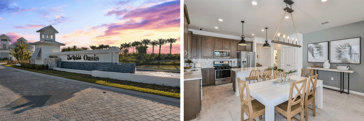 two images with entrance sign to del webb oasis and inside home